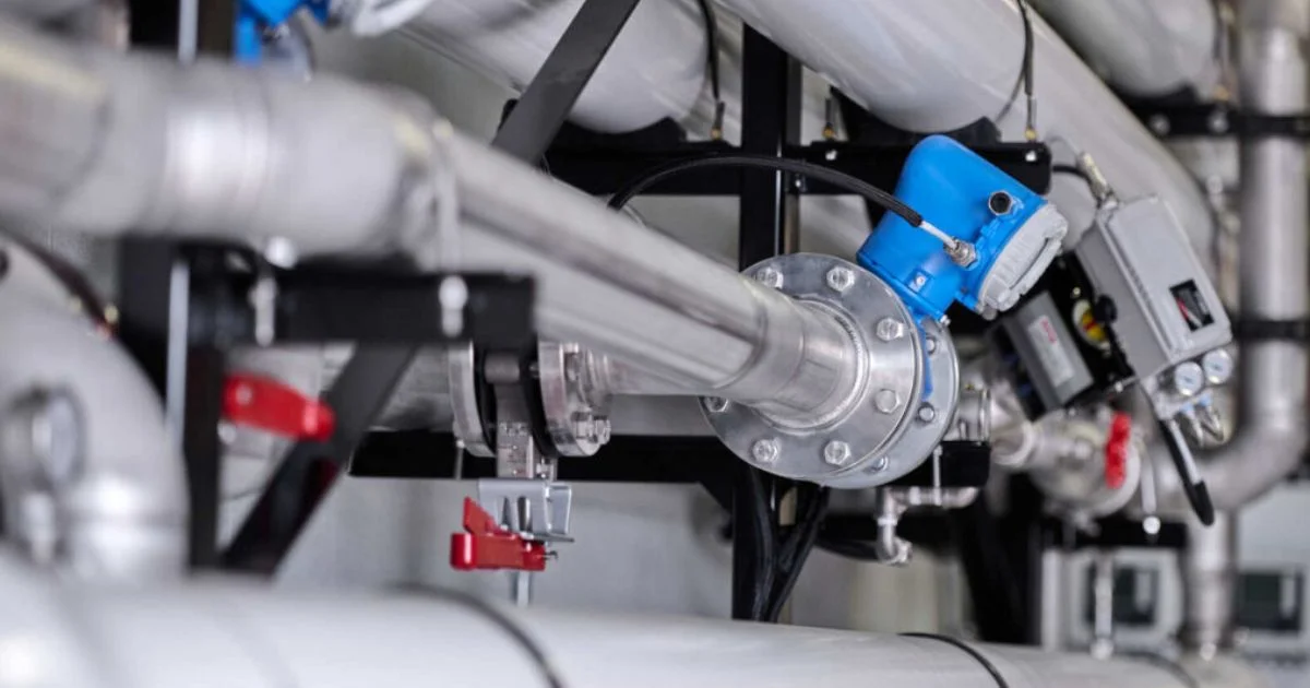 Industrial water filtration piping with valves and flow sensors